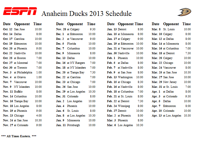nhl ducks schedule
